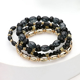 4PCS - Oval Wood Metal Faceted Beaded Stretch Multi Layered Bracelets