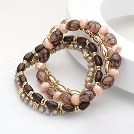 4PCS - Oval Wood Metal Faceted Beaded Stretch Multi Layered Bracelets