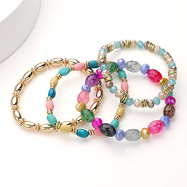 4PCS - Oval Wood Metal Faceted Beaded Stretch Multi Layered Bracelets