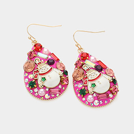 Stone Embellished Enamel Christmas Snowman Teardrop Dangle Earrings