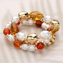 3PCS - Pearl Metal Glass Beaded Stretch Multi Layered Bracelets