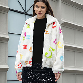 Faux Fur Colorful Number Patterned Jacket