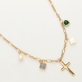 Metal Cross Quatrefoil Pearl Charm Necklace