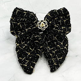 Enamel Flower Pointed Tweed Bow Barrette