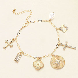 Cross Quatrefoil Pearl Baguette Stone Charm Station Bracelet