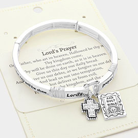 LORDS PRAYER Message Stretch Cross Bible Charm Bracelet