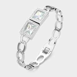 Square Stone Pointed Stainless Steel Hinged Bangle Bracelet