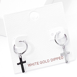 White Gold Dipped Cross Dangle Huggie Hoop Earrings