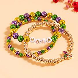 3PCS - NOLA Message Pointed Mardi Gras Beaded Stretch Multi Layered Bracelets