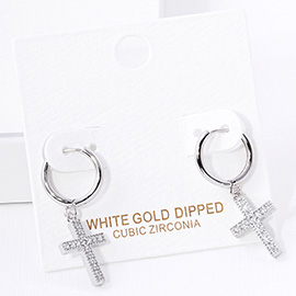 White Gold Dipped CZ Stone Paved Cross Dangle Huggie Hoop Earrings