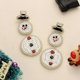 Felt Back Stone Pointed Seed Beaded Snowman Dangle Earrings