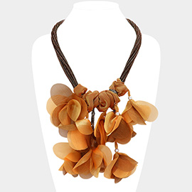 Pearl Faceted Beaded Fabric Flower Petal Embellished Statement Necklace