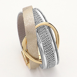 Leather Chain Wrap Open Metal Pointed Magnetic Bracelet