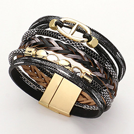 Stone Bezel Metal Charm Pointed Faux Leather Braided Strap Strand Magnetic Bracelet