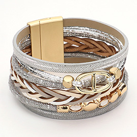 Stone Bezel Metal Charm Pointed Faux Leather Braided Strap Strand Magnetic Bracelet