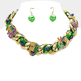 Enamel Mardi Gras Charm Embellished Sequin Strap Braided Chain Necklace