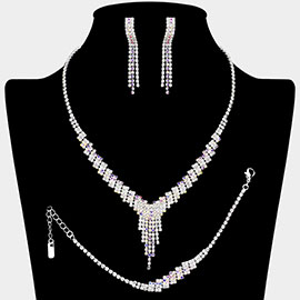 Rhinestone Paved Fringe V Shaped Necklace Jewelry Set