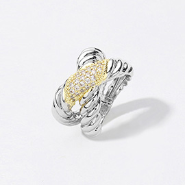 Two Tone Textured Crisscross CZ Stone Paved Ring