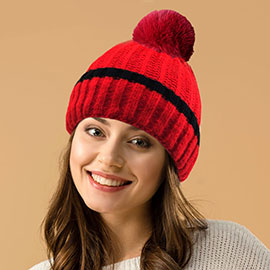 Ribbed Knit Pom Pom Beanie Hat