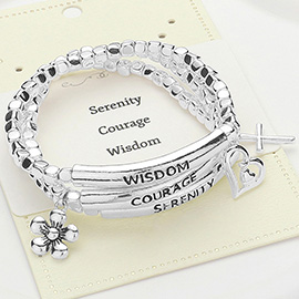 3PCS - Serenity Courage Wisdom Message Flower Heart Cross Charm Stretchable Religious Bracelets