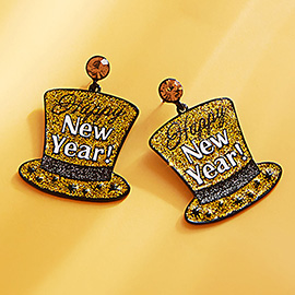 Glittered Enamel Happy New Year Message Hat Dangle Earrings