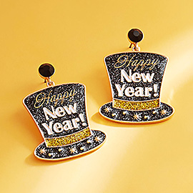 Glittered Enamel Happy New Year Message Hat Dangle Earrings