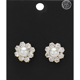 Pearl Centered CZ Stone Embellished Flower Stud Earrings