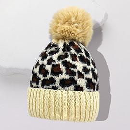 Leopard Pattern Pom Pom Beanie Hat