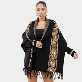 Greek Geometric Patterned Poncho with Fringe