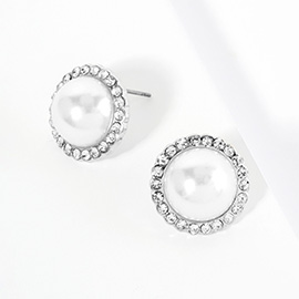 Crystal Paved Rim Pearl Stud Earrings