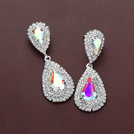 Teardrop Stone Centered Rhinestone Paved Rim Dangle Evening Earrings