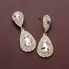 Teardrop Stone Centered Rhinestone Paved Rim Dangle Evening Earrings