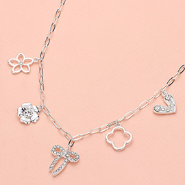 Flower Bow Quatrefoil Heart Charm Station Paperclip Chain Necklace