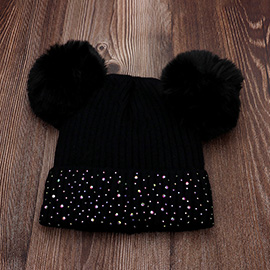 Double Pom Pom Bling Studded Cuff Beanie Hat