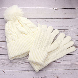 2PCS - Cable Pom Beanie Hat Gloves Set