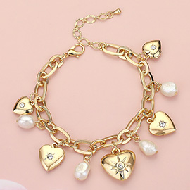 Metal Heart Locket Pearl Charm Station Paperclip Chain Bracelet