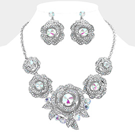 Round Stone Accented Rhinestone Paved Rose Embellished Statement Necklace