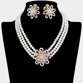 Stone Embellished Flower Pendant Pearl Strand Necklace