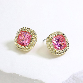 Square CZ Stone Cushion Stud Earrings