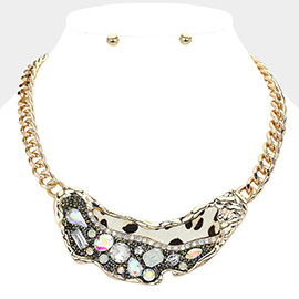 Animal Printed Fur Sparkly Stone Embellished Bib Necklace