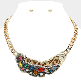 Animal Printed Fur Sparkly Stone Embellished Bib Necklace