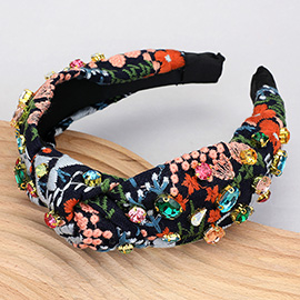 Flower Embroidered Stone Cluster Embellished Knot Headband