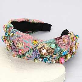 Floral Patterned Stone Cluster Embellished Knot Headband