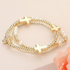 3PCS - Pearl Metal Cross Ball Beaded Stretch Multi Layered Bracelets