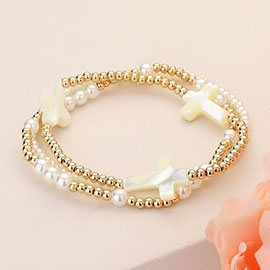 3PCS - Pearl Cross Metal Ball Beaded Stretch Multi Layered Bracelets