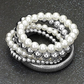 5PCS - Pearl Metal Ball Beaded Snake Stretch Multi Layered Bracelets