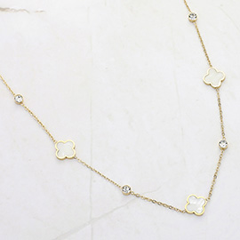 Stainless Steel Quatrefoil Stone Bezel Station Necklace