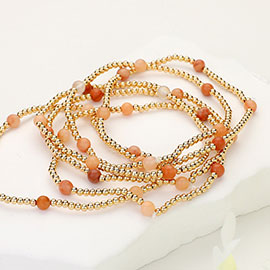 6PCS - Natural Stone Metal Ball Beaded Stretch Multi Layered Bracelets