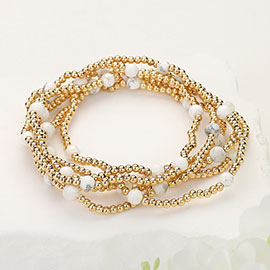 6PCS - Natural Stone Metal Ball Beaded Stretch Multi Layered Bracelets