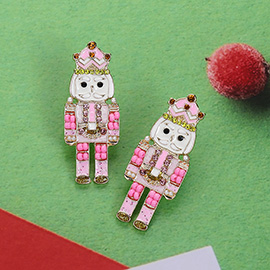 Stone Paved Seed Bead Enamel Christmas Nutcracker Earrings